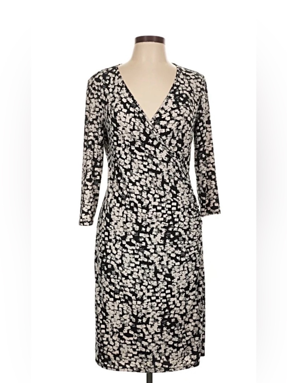 Chaps Black and White Long Sleeve Faux Wrap Dress